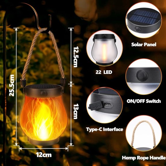 Solar Tuinverlichting - 2 Stuks - Vlam Effect - Tuinlantaarn - Tuinlamp Solar - Buitenverlichting - Solar Buitenlamp - Waterdicht - Met Touw - Geschikt Voor Camping, Terrassen, Tuinen, Patio's, Veranda's, Tuindecoraties — afbeelding 5