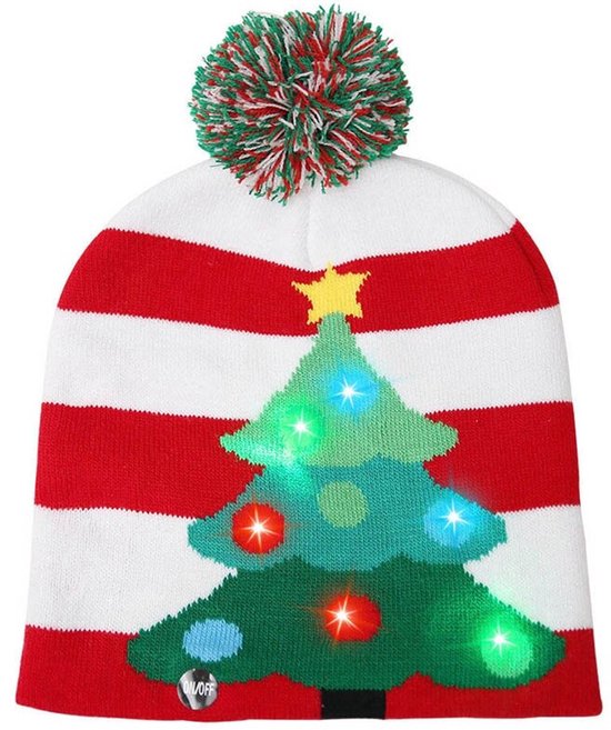 Winkrs | Kerstmuts met kerstboom met gekleurde LED lampjes - Muts met lichtjes 3 standen