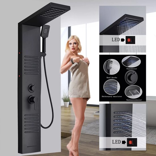 Vrouw met handdoek naast zwart douchepaneel. Close-ups tonen LED-douchekop, handdouche, regenmodus, massagejets en baduitloop.