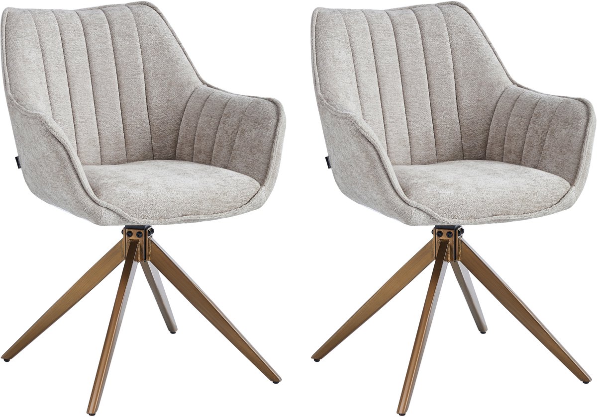 Colenis Yasmin Eetkamerstoelen - Set van 2 - Taupe - Chenille Stof - 180° Draaistoelen - Geborsteld Goud Poten - Gestoffeerde zitting