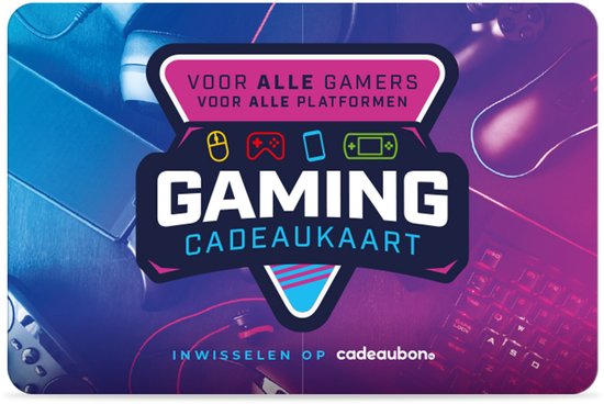 Gaming cadeaukaart met de tekst 'VOOR ALLE GAMERS VOOR ALLE PLATFORMEN' en 'INWISSELEN OP CADEAUBON.NL'.