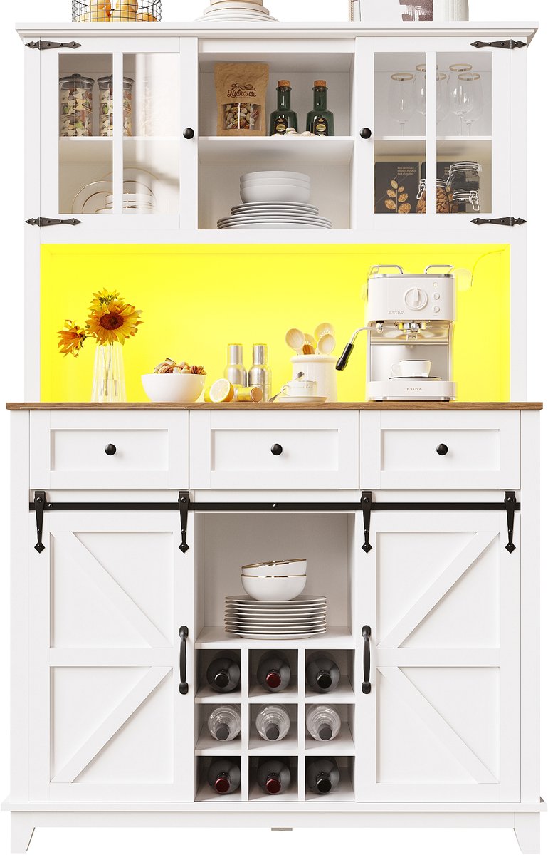 Kast voor in de keuken (105×38,4×180 cm), Hoge keukenkast, Vitrinekast, Buffetkast met verstelbare planken, Sideboard met LED-verlichting, variabele lichtkleuren,wit