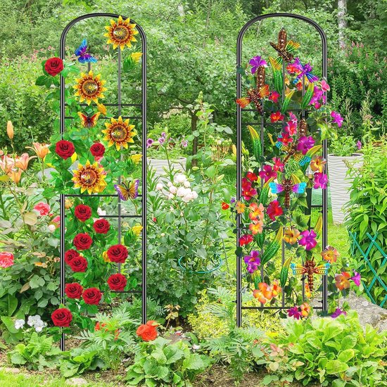 2 Stks Plant Trellis voor Klimmen Planten Outdoor, Zwart Gecoat Fan Pot Trellis Tuin Metalen Ondersteuning Stake voor Indoor Outdoor Wijnstokken Bloem Groente