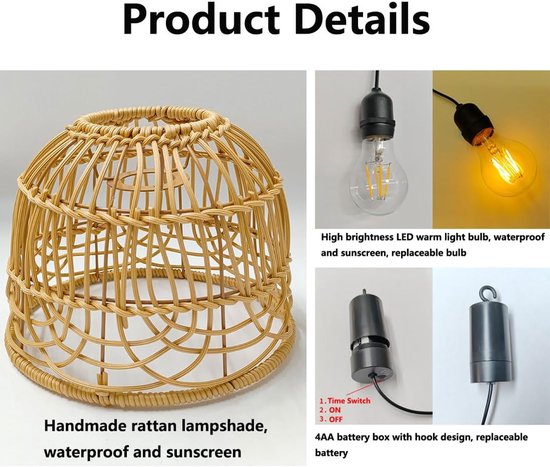 Outdoor Hanglamp, Handgemaakte Rattan Decoratieve Lamp, LED-lamp, Aangedreven Door 4 AA-batterijen (niet Inbegrepen), Geschikt Voor Het Versieren Van Paviljoenen, Verandas, Binnenplaatsen En Achtertuinen, Met Afstandsbediening — afbeelding 3