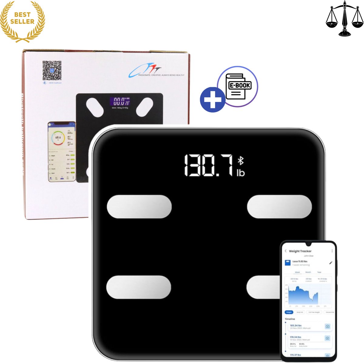 LEAN Smart Bluetooth Personenweegschaal met App – Digitale Lichaamsanalyse Weegschaal tot 180 kg met BMI BMR Vetpercentage Spiermassa Botmassa Water Visceraal Vet LED Display Gehard Glas Nauwkeurig Voor Gezond Leven Thuis Met Ebook