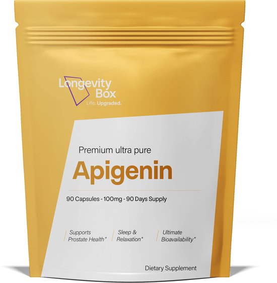 Gele hersluitbare zak van Longevity Box met 'Premium ultra pure Apigenin'.', '90 Capsules - 100mg - 90 Days Supply', 'Supports Prostate Health', 'Sleep & Relaxation', 'Ultimate Bioavailability', 'Dietary Supplement'.