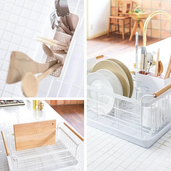 Hoogwaardig mat zwart afdruiprek met houten handgrepen voor servies. Perfect voor de