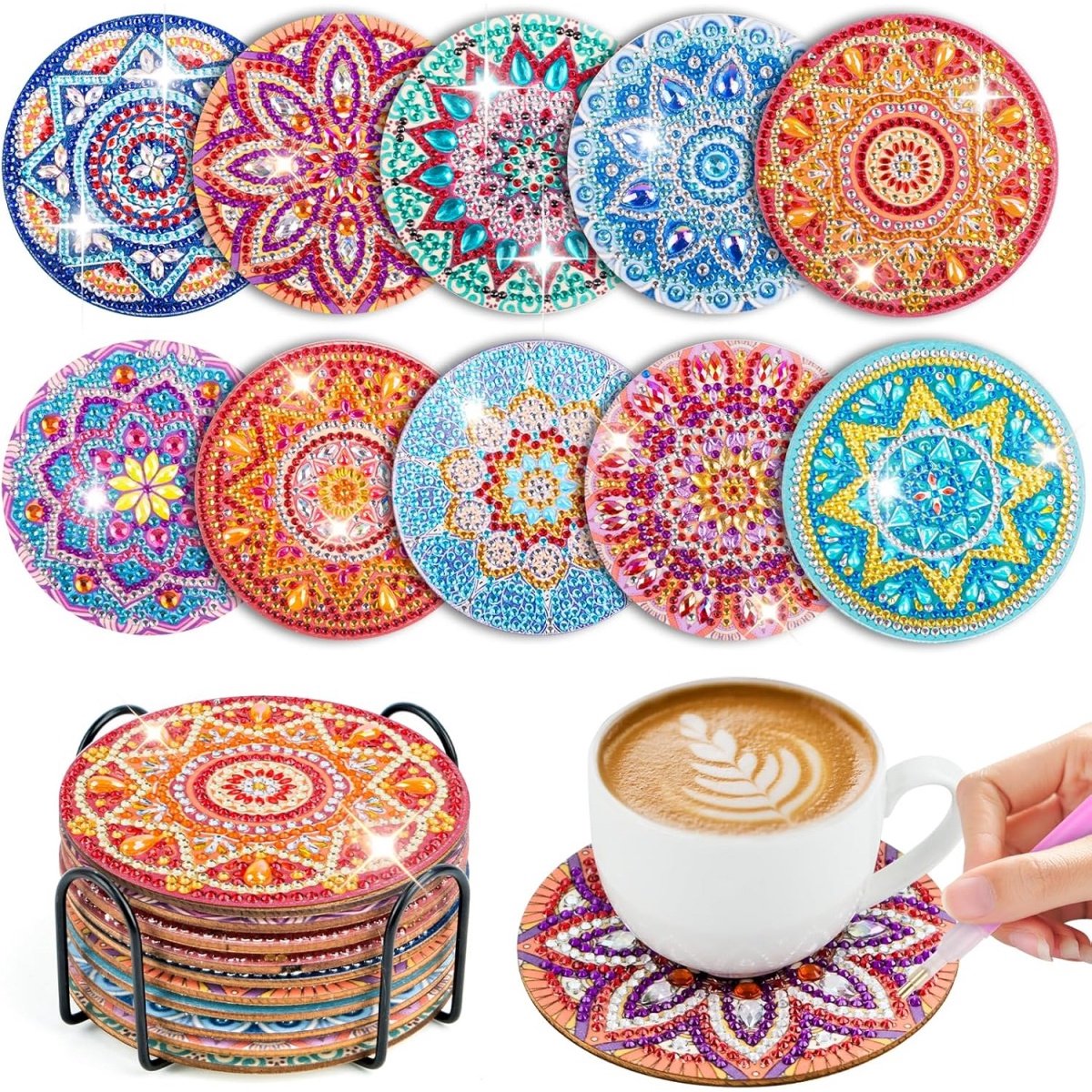 GELLDG Diamond Painting onderzetters met standaardjes - Pak van 10 -Diamond Painting knutselprojecten geschikt voor volwassenen - DIY Mandala onderzetters - Antislip - Geschikt voor beginners, volwassenen en kinderen