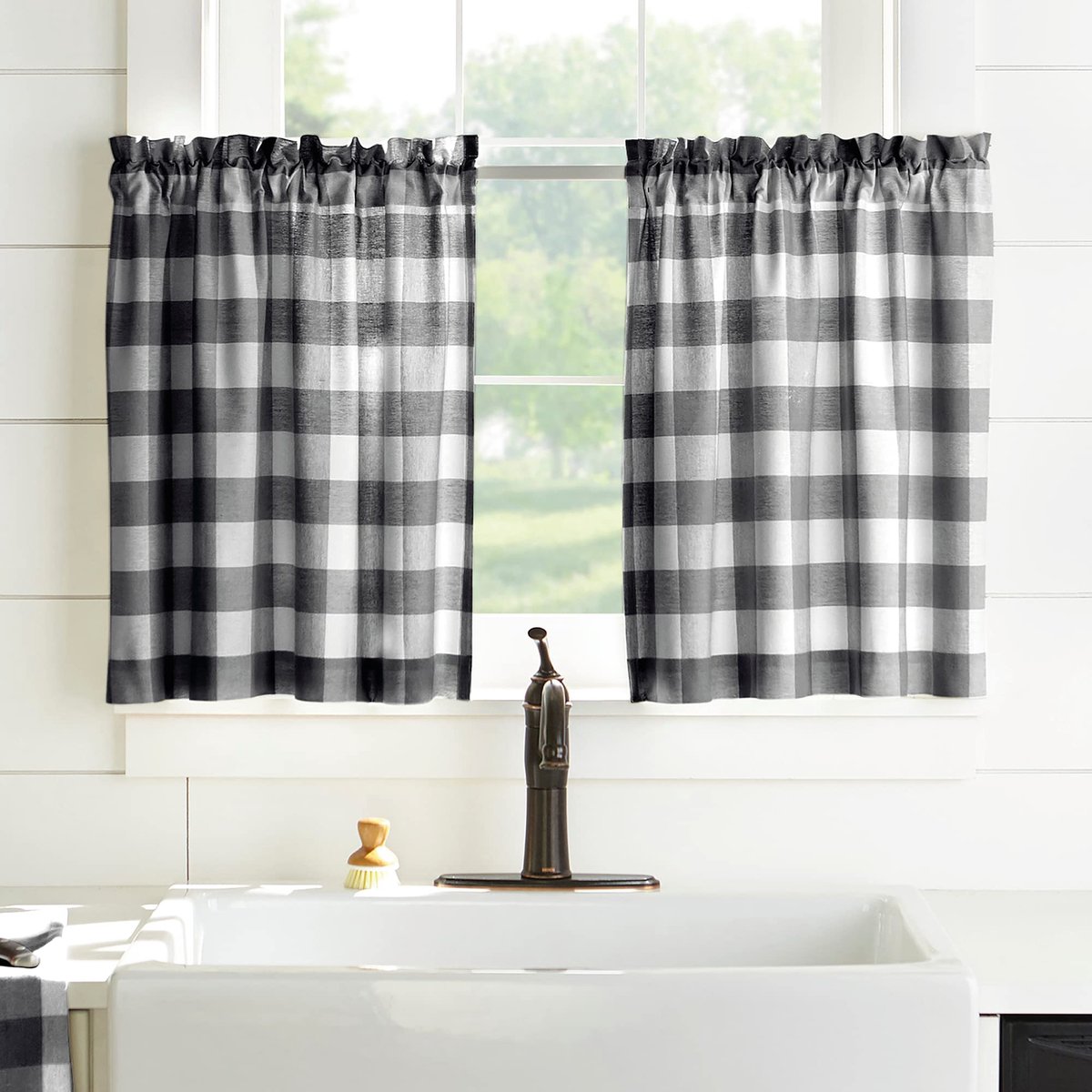 Unyqoos Landelijke stijl gordijnenset met Buffalo-ruit voor keuken en badkamer Zwart/Wit