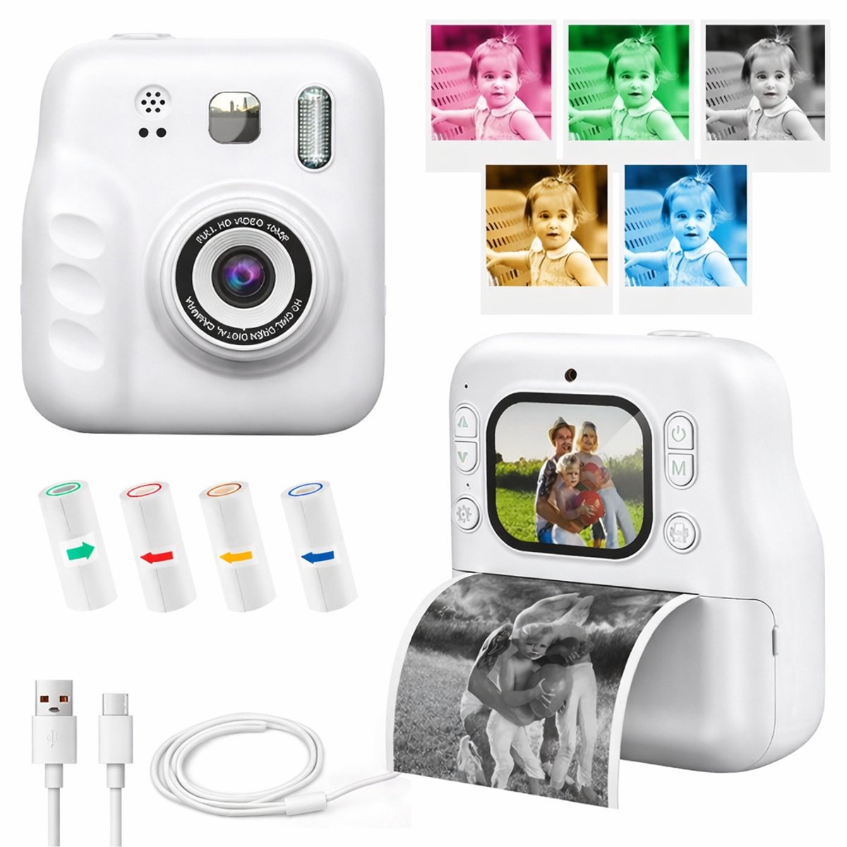 Jumalu Instant Camera – 2.4" HD Camera met Selfie Functie – 1080p – Inclusief 4 Rollen Fotopapier – Direct Print Camera voor Kinderen – Wit thumbnail 2