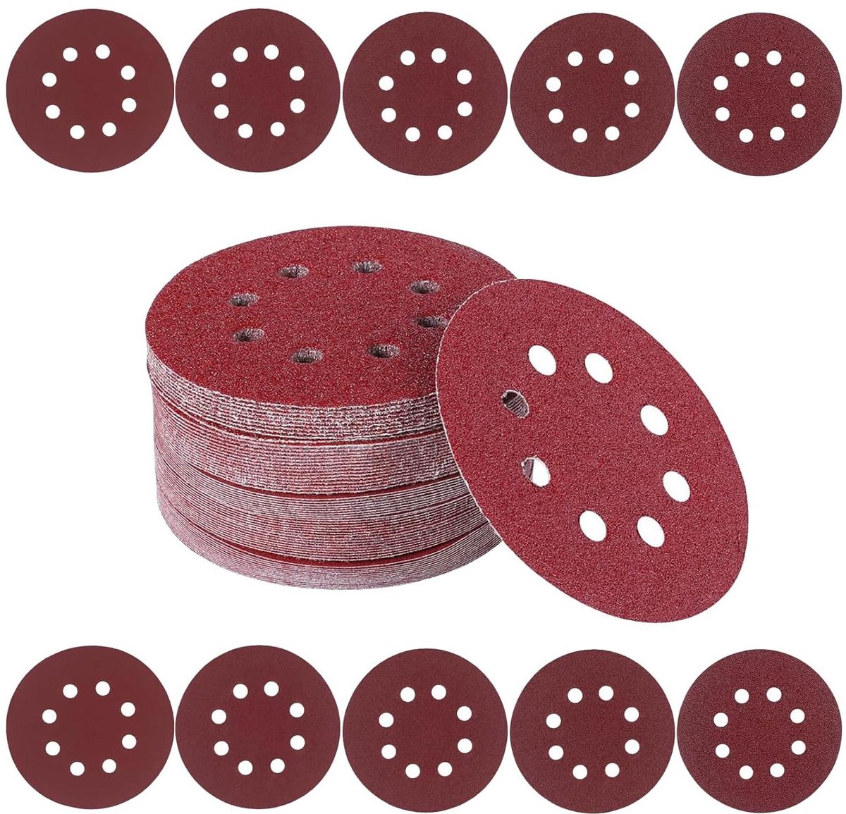 Allecta - Schuurschijven 125 mm gemengde korrel 40/60/80/120/180/240/320/400/600/800 - 100 stuks - 8 gaten - excentrische schuurmachines