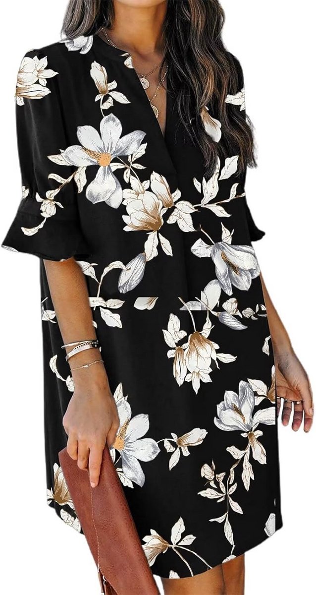 Dames Hemdjurk met V-Hals en Ruches | Casual Zomerjurk | Korte Mouwen | Effendess | S-XXL
