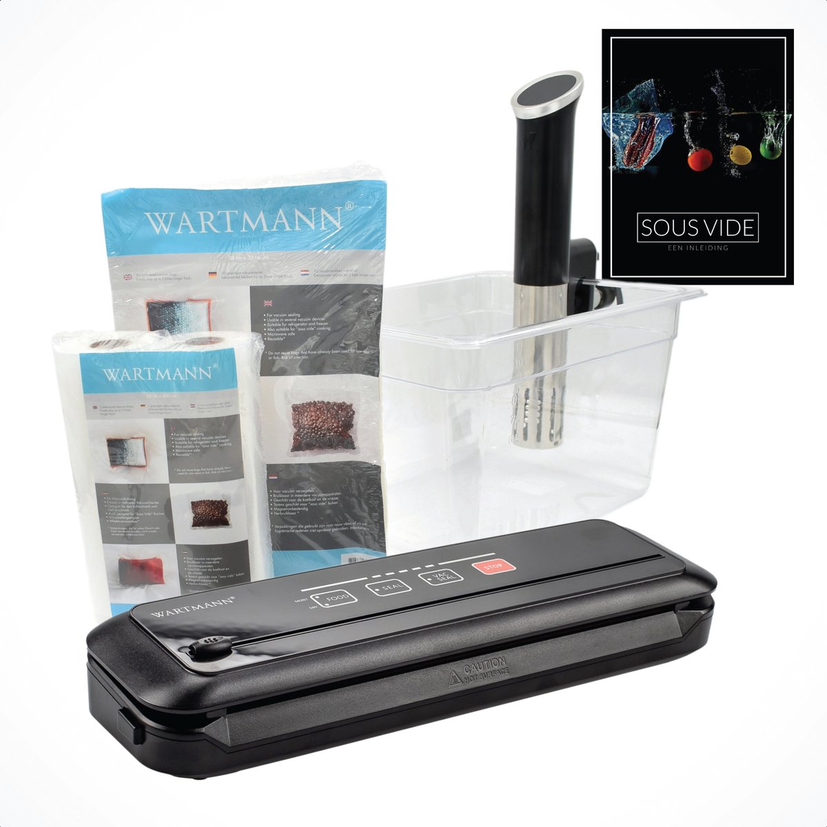 Wartmann 1508 Sous Vide Stick Set - Inclusief Vacuümmachine, Vacuumzakken & Rollen, Waterbak en Digitaal Sous Vide Handboek