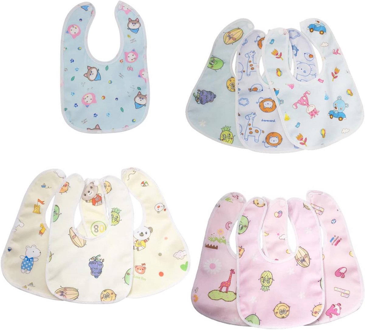 10 Cartoon Slabbetjes - Waterdichte Meisjes en Jongens Kinderslabbetjes, Herbruikbaar en Dubbellaags, Kleuren: Geel, Roze, Blauw