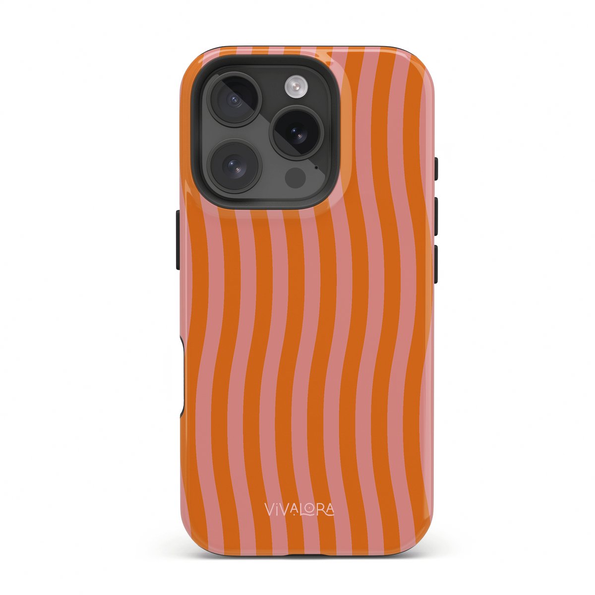 VivaLora Tough Telefoonhoesje iPhone 16 Pro met MagSafe - Tropical Dream Print - 2-in-1 Phone Case - Hard Case & Siliconen Back - Extra Bescherming - Shockproof - Golvende strepen - Roze/Oranje
