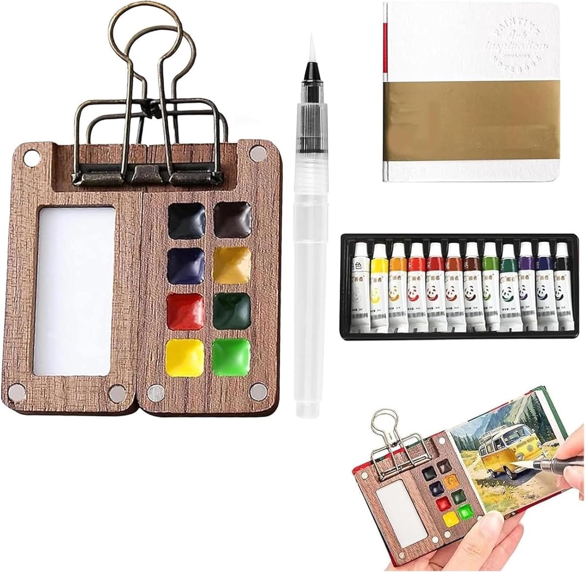 MDUG Mini aquarelverfset voor op reis - Draagbaar palet met 8 vakjes - Palet met 12 kleuren aquarelverf, penselen en een mini-schilderijenboekje - Reisaquarelset voor de kleine kunstenaar met metalen clip