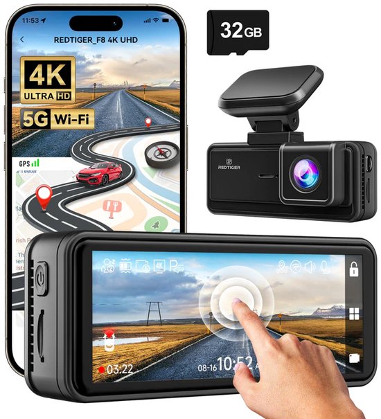 Redtiger F8 dashcam - Front 4K Resolution - 5GHz wifi - GPS - -Night Vision -Parkeermodus - G-sensor - 3,18 inch touchscreen - Dashcam voor in de auto