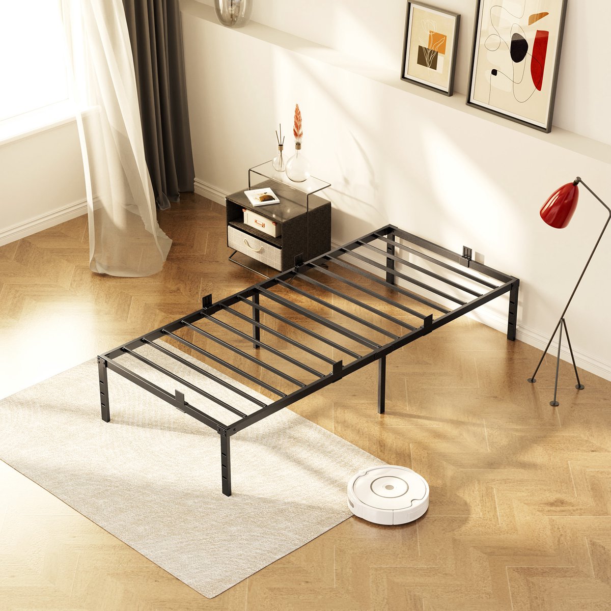 CECIPA Metalen Bedframe met Lattenbodem - 90x200 cm - Eenpersoonsbed van metaal - Bedframe voor slaapkamer en logeerkamer - Zwart - Grote Opbergruimte