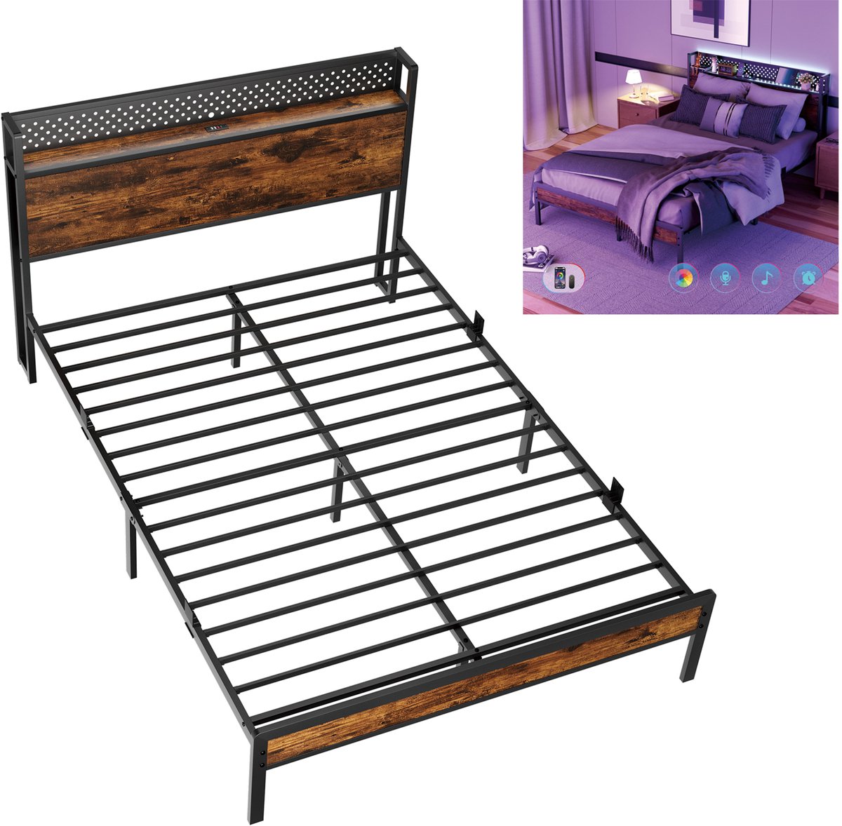 KUTAS Tweepersoonsbed 140x200 cm - Heavy Duty Metalen Bedframe - Met LED Verlichting - Stopcontacten - USB Poorten - Type C - Hoofdbord met Opbergruimte Zwart