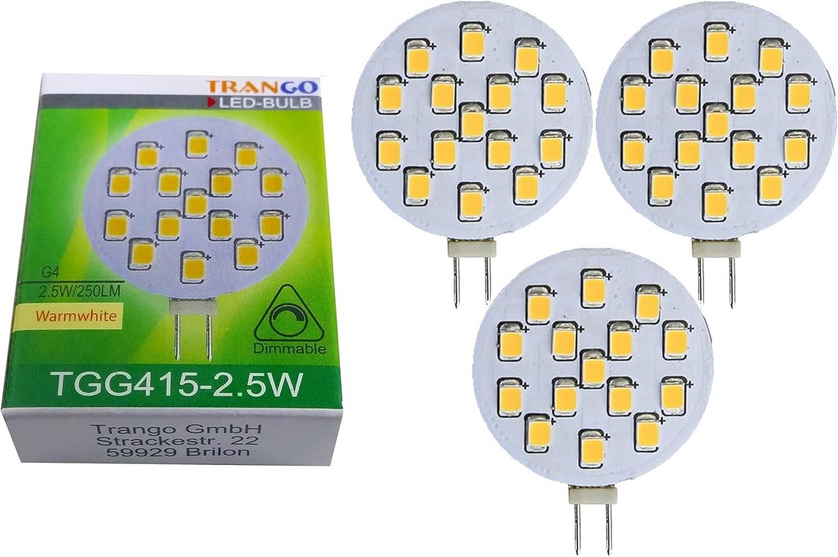 3-Pack G4 LED Lampen Vervanger voor Halogeen - 12 Volt AC/DC - 250 Lumen Warm Wit