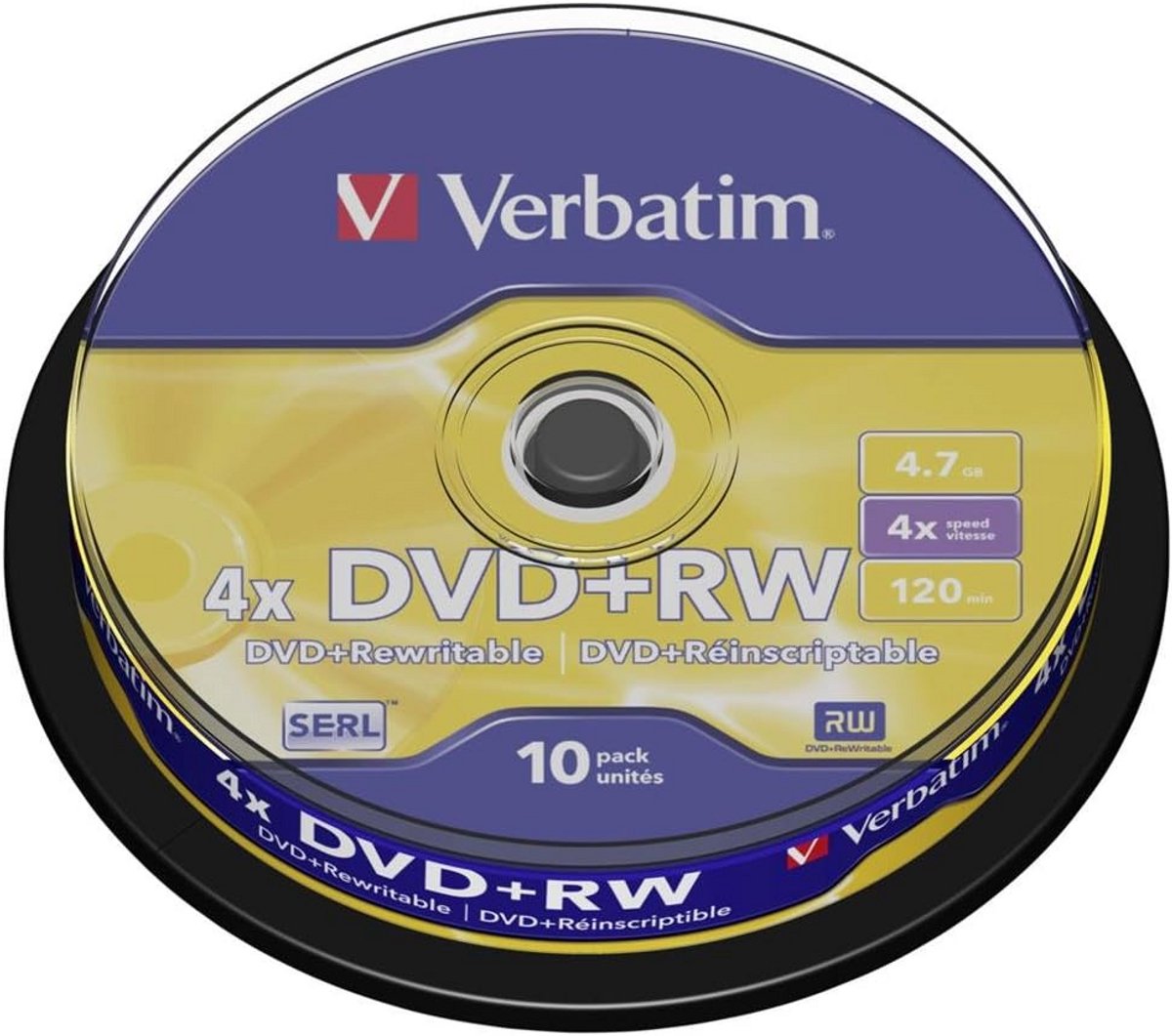 DVD + RW 4,7 GB - 4x brand snelheid, lange levensduur en krasbescherming - 10 Pack Spindle
