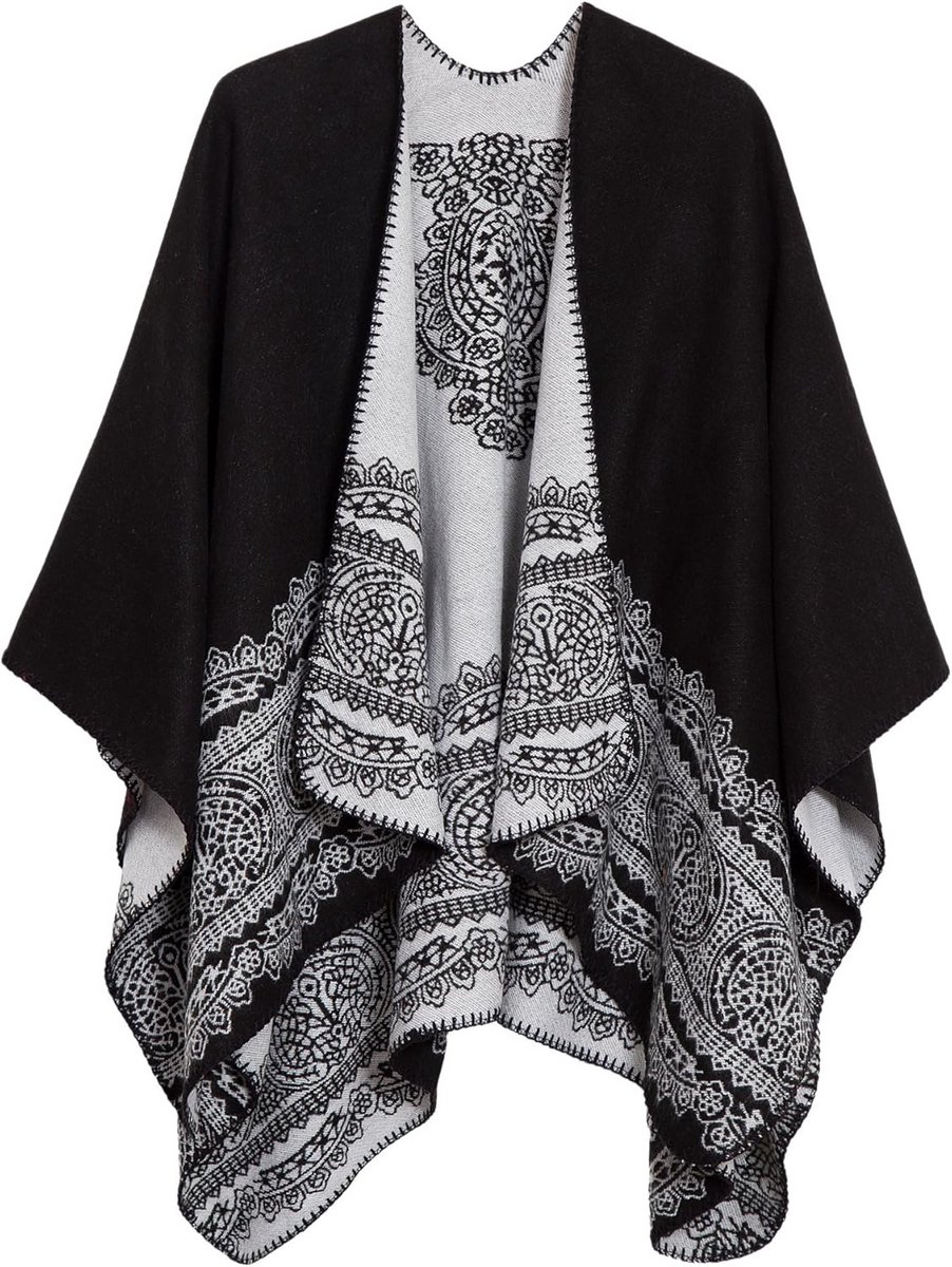 Dames Gebreide Sjaal Poncho met Capuchon - Elegante Open Vest met Bloemenpatroon