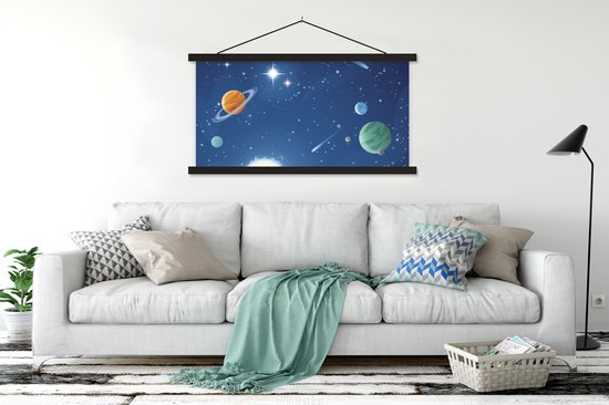 Porte-affiche avec affiche 150x75 cm - Affiche scolaire - Une illustration de l'espace rempli de planètes - Affiche textile - Lattes noires