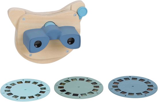 Houten kijker met blauwe lenzen en een vos-gezicht, met drie projectieschijven.