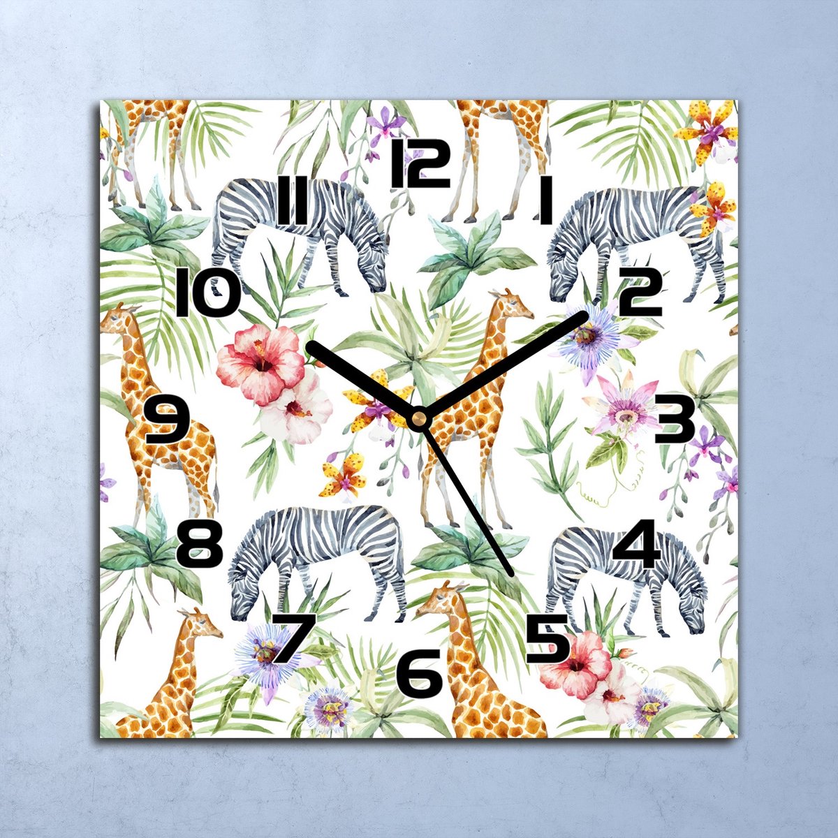 Coloray Wandklok - Tropische dieren Klok Glas - 30x30 cm - Wit Wandklok - Wandklok Vierkant - Wandklok Industrieel - Wandklok Keuken - Stille Wandklok