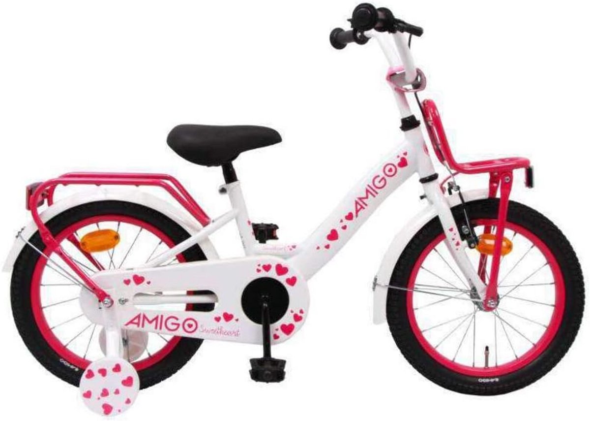 Kinderfiets 16 inch voor meisjes van 4 tot 6 jaar - V-brake, terugtraprem, voordrager, fietsbel en zijwieltjes - Wit