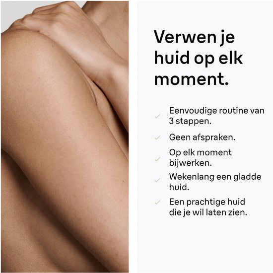 Close-up van een vrouw met gladde, bruine huid. Tekst: "Verwen je huid op elk moment. Eenvoudige routine van 3 stappen. Geen afspraken. Op elk moment bijwerken. Wekenlang een gladde huid. Een prachtige huid die je wil laten zien."