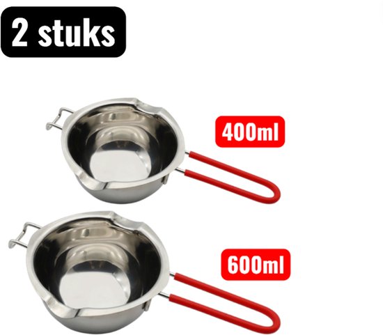 2 stuks - Au-bain-mariepannen - 304 RVS Chocolade Smeltpan - 400ml/600ml - Au Bain-Marie Pan met Siliconen Handgreep voor Boter en Glazuur - Kleine Sauspan voor Precisie Werken - Rood
