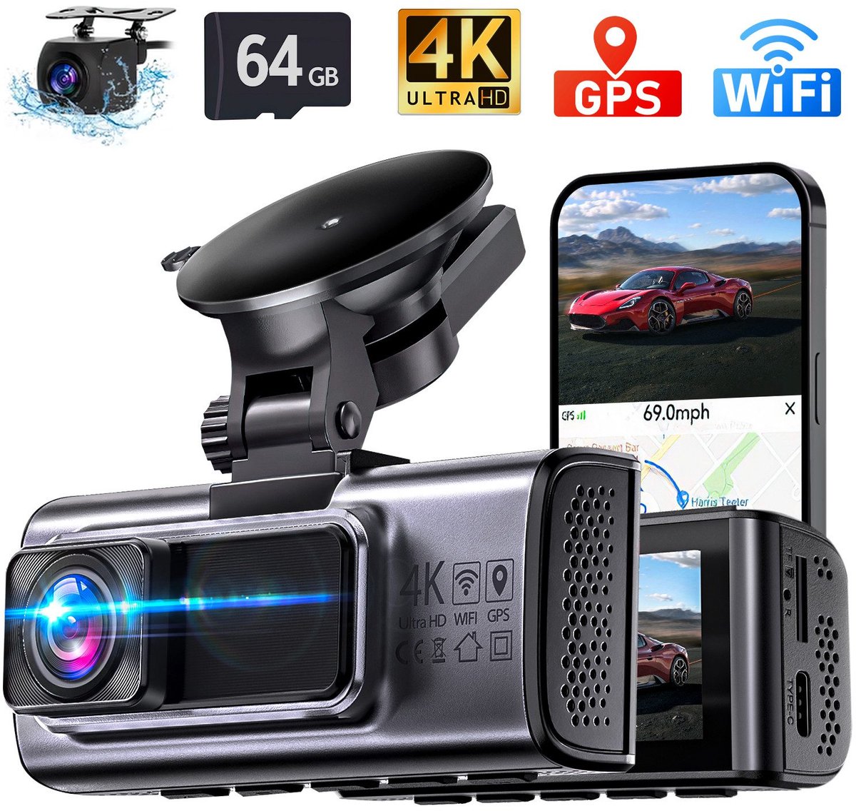 OYLCDI Dashcam Auto - 2-Kanaals 4K + 1080P Autocamera - GPS - 3,16 inch Scherm - Wi-Fi - Timelapse - App-bediening - 140° Ultragroothoek - Super Nachtzicht - G-sensor - Loop-opname - WDR