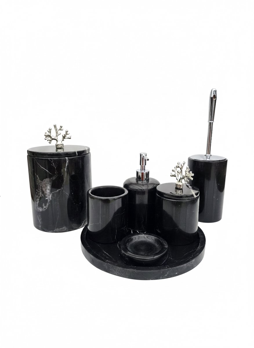 Marmer Badkameraccessoires Set – 7-delig – Luxe Natuursteen – Inclusief Toiletborstelhouder, Tandenborstelhouder, Zeeppomp, Zeepdispenser, Opbergpotje met deksel, Opberg pot Groot met deksel & Tray – Zwart