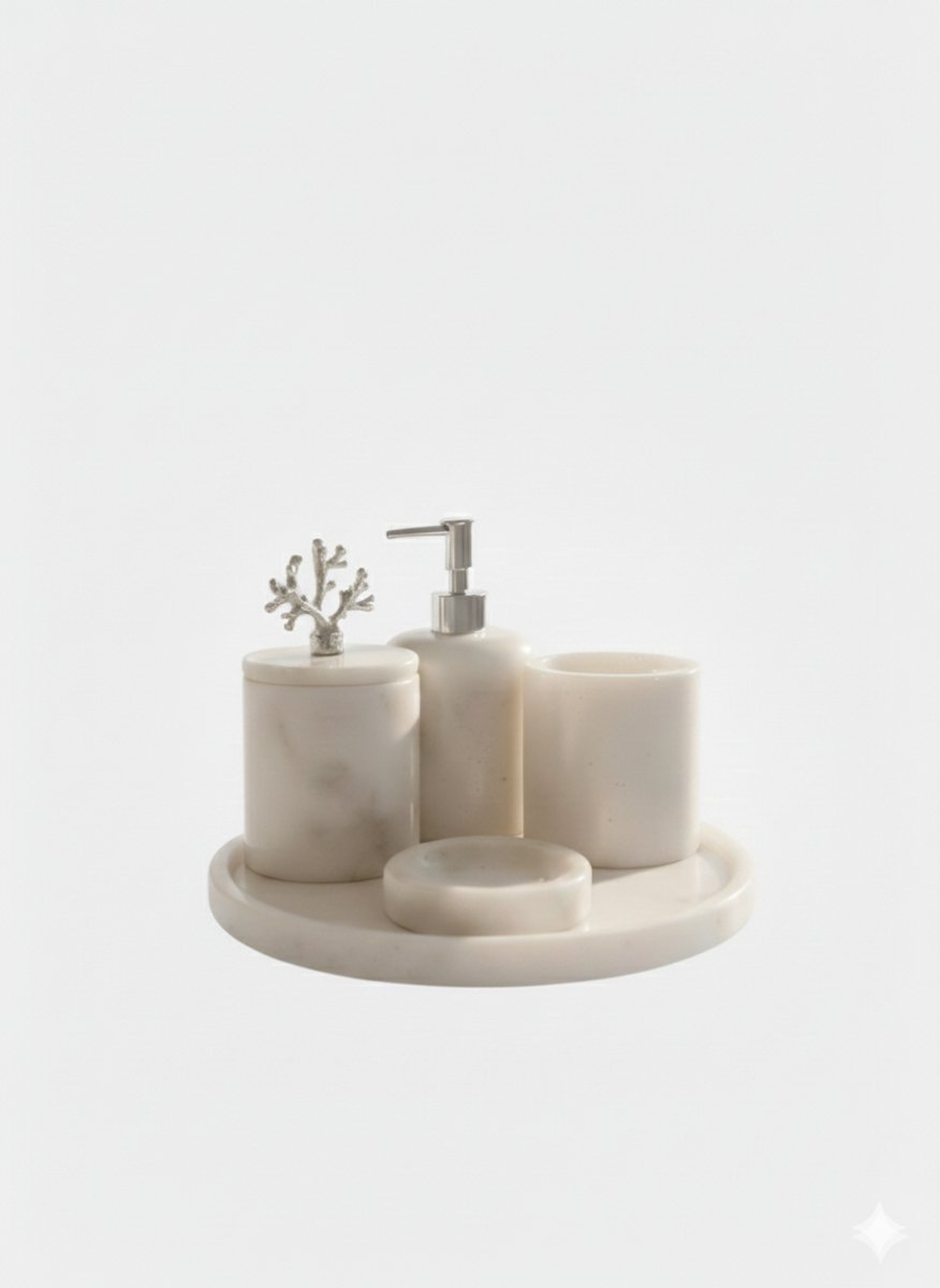 Marmer Badkameraccessoires Set – 5-delig – Natuursteen – Wit – Luxe Afwerking met Zilveren Details