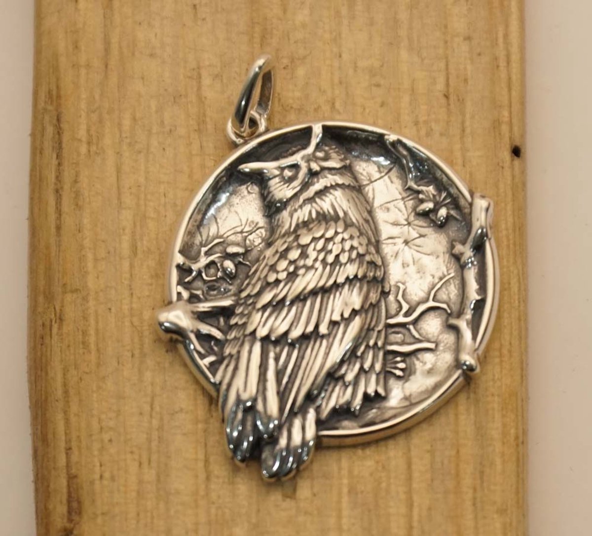 Sterling zilveren hanger uil in rondje op tak - uiltje hanger 925 zilver - uil op tak hangers van zilver - mooie uilen hanger voor aan ketting - prachtige zilveren van een nachtdier hanger - leuke dames of heren zilveren hanger van een uil