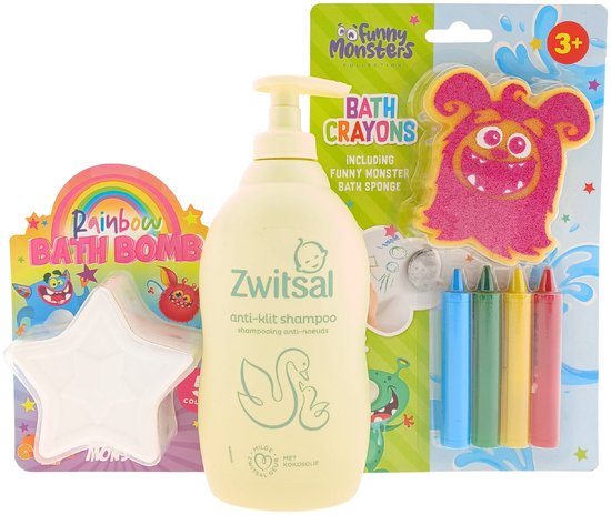 Zwitsal shampoo, een witte ster badbom, en 'Funny Monsters' badkrijt met badspons.