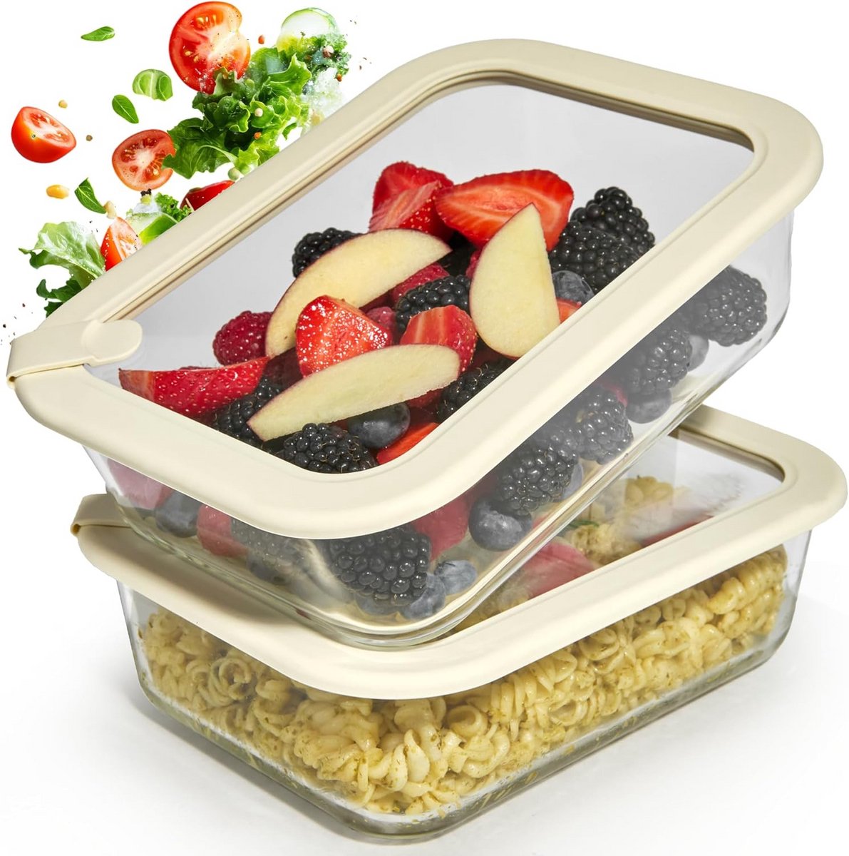 Rechthoekige Borosilicaat Glazen Opbergdoos met Deksel - Set van 2x1520ml, Lunchbox voor Voedselopslag, Koelkast Organizer