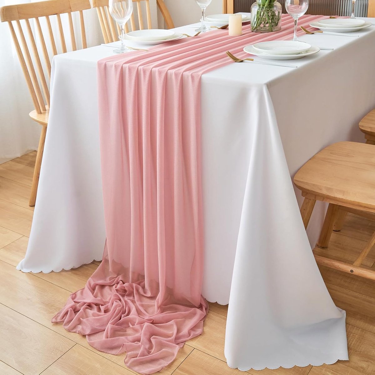 Moderne tafelloper van chiffon, 77 x 180 cm, wasbaar, voor bruiloft, verjaardag, communie (oudroze)