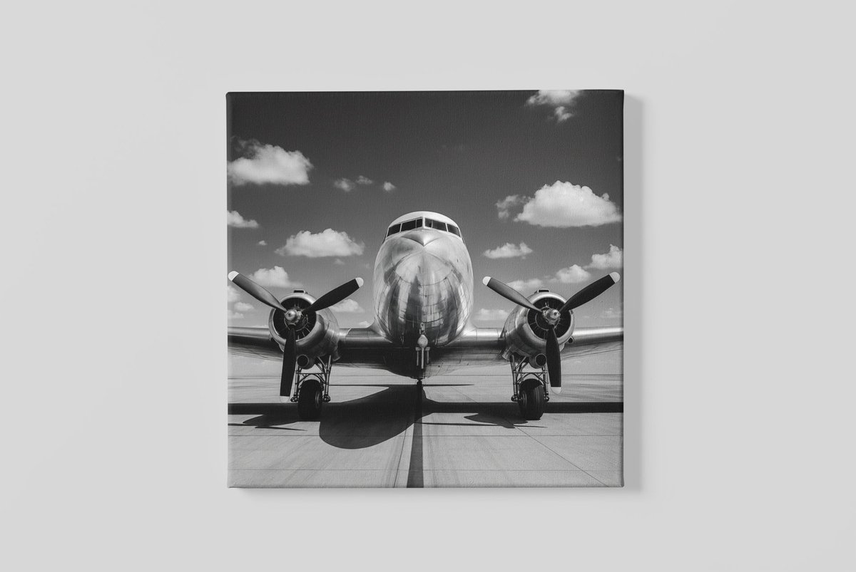 Trendex Global Vierkant Canvas Schilderij - Vintage Vliegtuig - Grijs - 100x100 cm