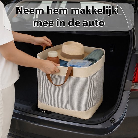 Webzon – Panier à linge – Paniers à linge – Panier à linge pliable – Panier à linge pliable – 30×35×55 cm – Design anglais – Tissu jute avec poignées en cuir – Panier de rangement – Pliable et gain de place – Gris crème