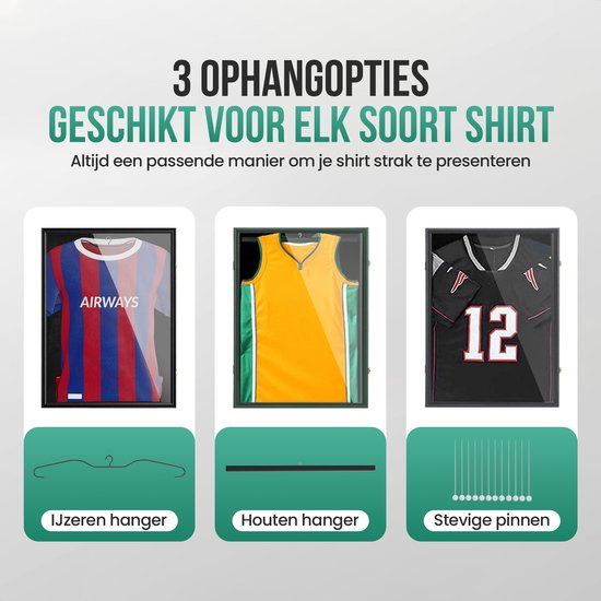 Drie displayopties voor shirts: gestreept shirt met 'AIRWAYS', geel shirt met groene strepen, en een zwart shirt met '12'. Inclusief ijzeren hanger, houten hanger, en stevige pinnen.
