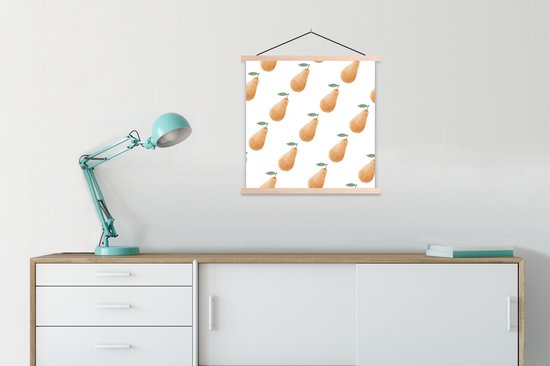 Posterhanger incl. Poster 90x90 cm - Schoolplaat - Peren - Aquarel - Wit - Textielposter - Blanke latten