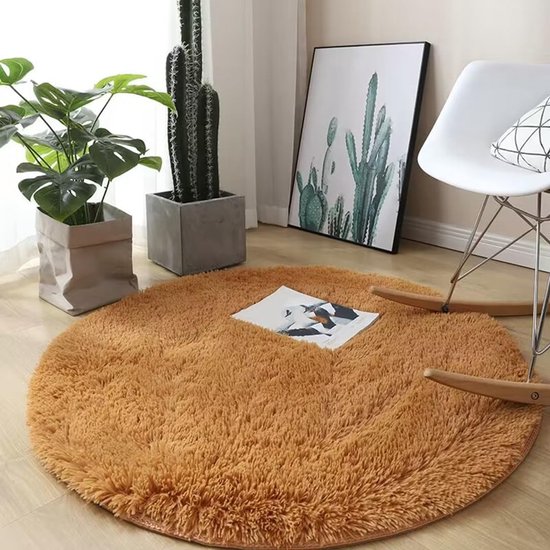 Tapis de sol rond et pelucheux pour la chambre à coucher - mignon et antidérapant - doux et pelucheux - tapis rond - tapis en peluche - tapis couverture - jaune - 60×60 cm