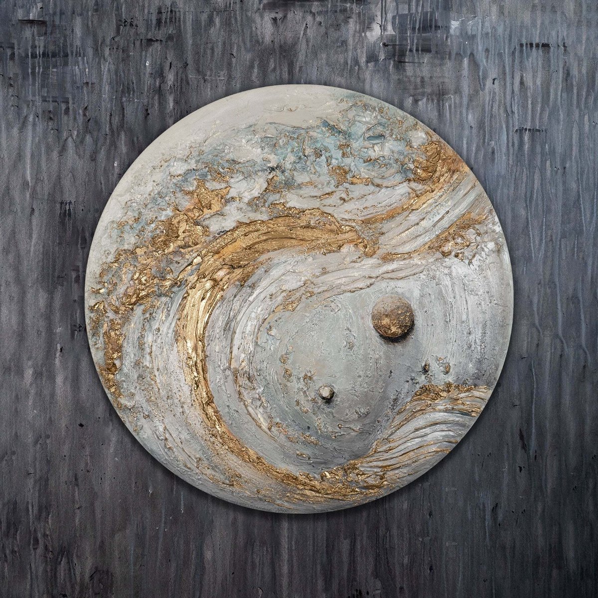 YS Schilderij - Handgeschilderd canvas schilderij - Wanddecoratie moderne Kunst - grijs en goud - Geometrisch - Muurdecoratie woonkamer - Slaapkamer decoratie - Kamer accessoires - schilderij Modern Met lijnen Round 90