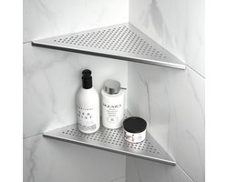 Hoekdoucheplank - RVS - Roosterdesign - Inbouwplank - Badkamerrek - Staal - Tegelmuur - Badkamerrenovatie - Geborsteld - 305 mm - 2 stuks