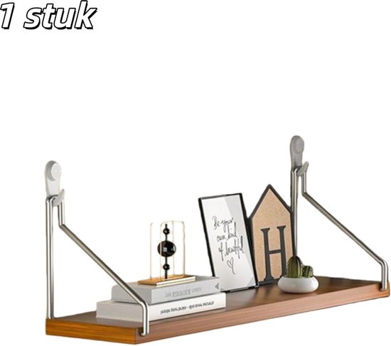 Houten wandplank van 40x15cm, met tekstbord, boeken, cactus en decoratieve huisjes. '1 stuk' staat in witte tekst.