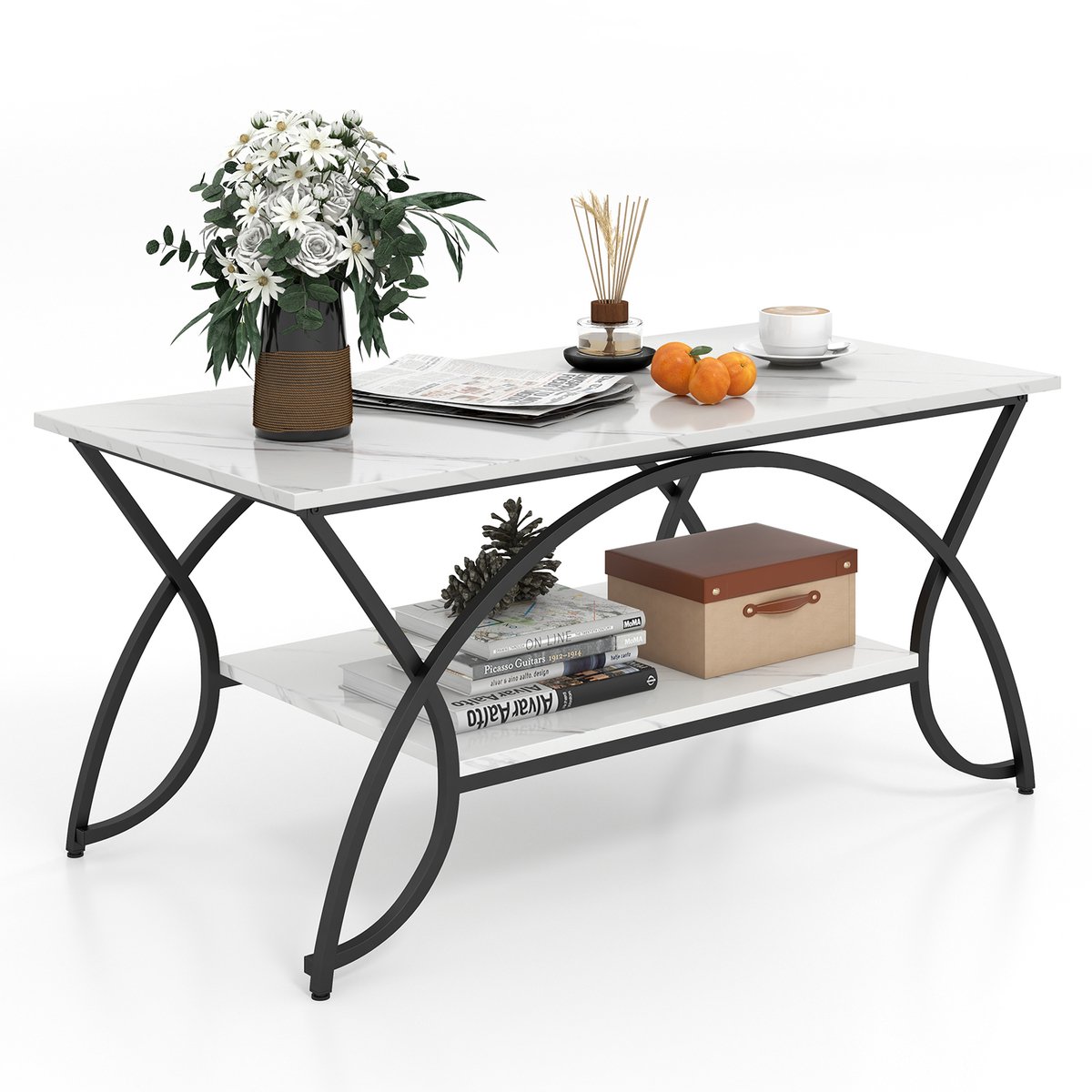 COSTWAY Salontafel in marmerlook, koffietafel met plank en metalen frame, woonkamertafel, bijzettafel, banktafel voor woonkamer, 100 x 50 x 45 cm (zwart-wit)
