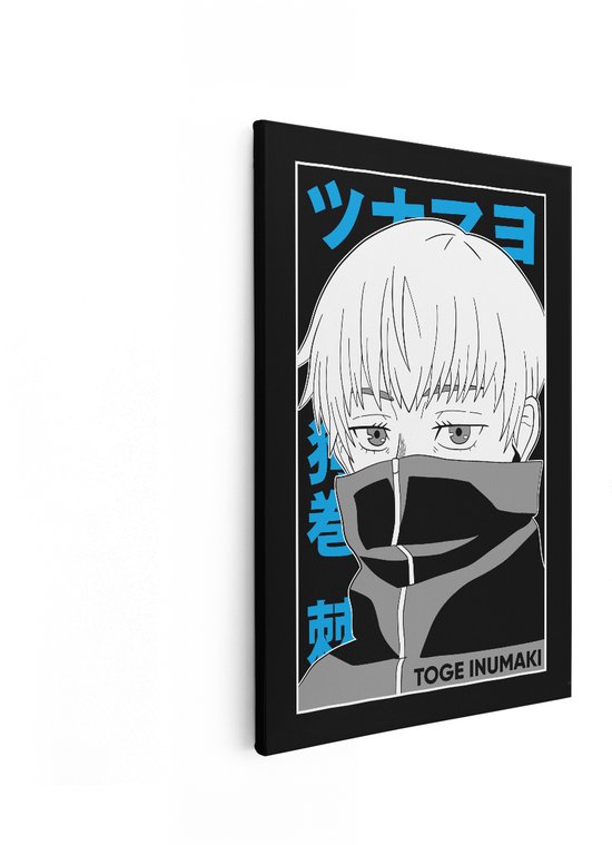 Canvasdoek met een anime-illustratie van Toge Inumaki, die een zwarte sjaal draagt die zijn mond bedekt. Blauwe Japanse tekens op de achtergrond.