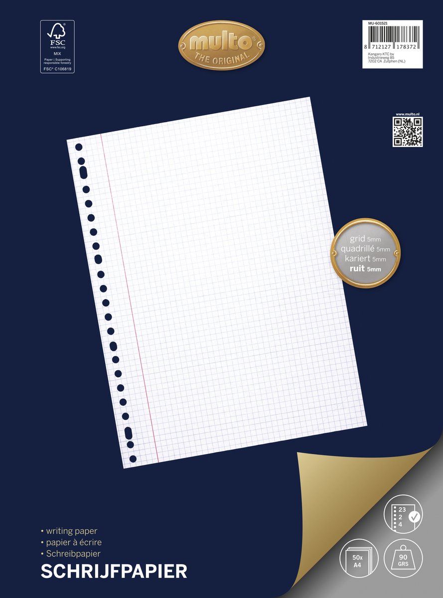 Multo - Ringbandpapier - A4 - geruit 5mm - 23 rings - 90 grams - 50 vel - MU-601521